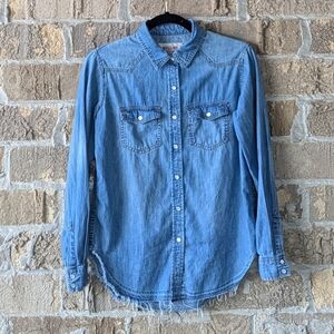 Mossimo Western Pearl Snap Chambray Cowgirl Shirt Size XS Boyfriend Fit